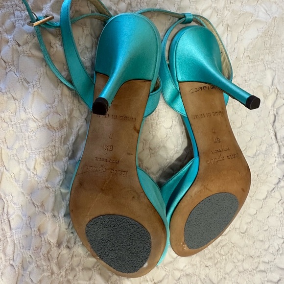 Kate Spade turquoise aqua blue satin leather sandals open toe heels rose 6.5 - Picture 5 of 6